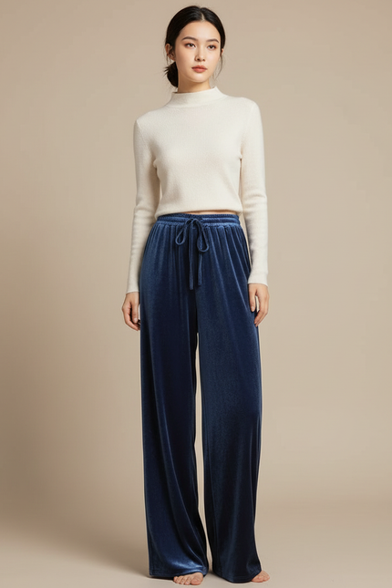 Pantalon Velours Bleu Marine Ample Décontracté Fluide
