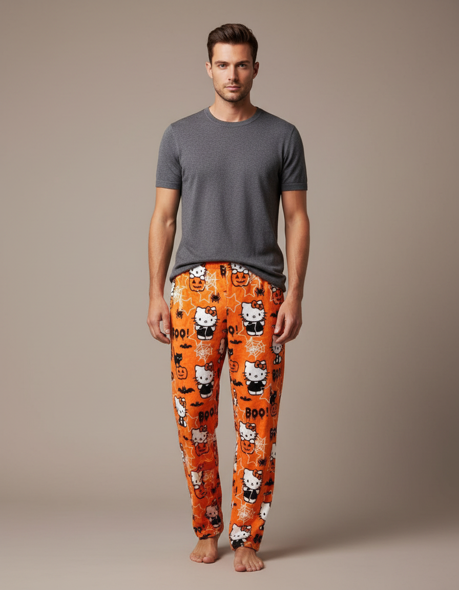 Pantalon Velours Orange Hello Kitty Halloween Décontracté