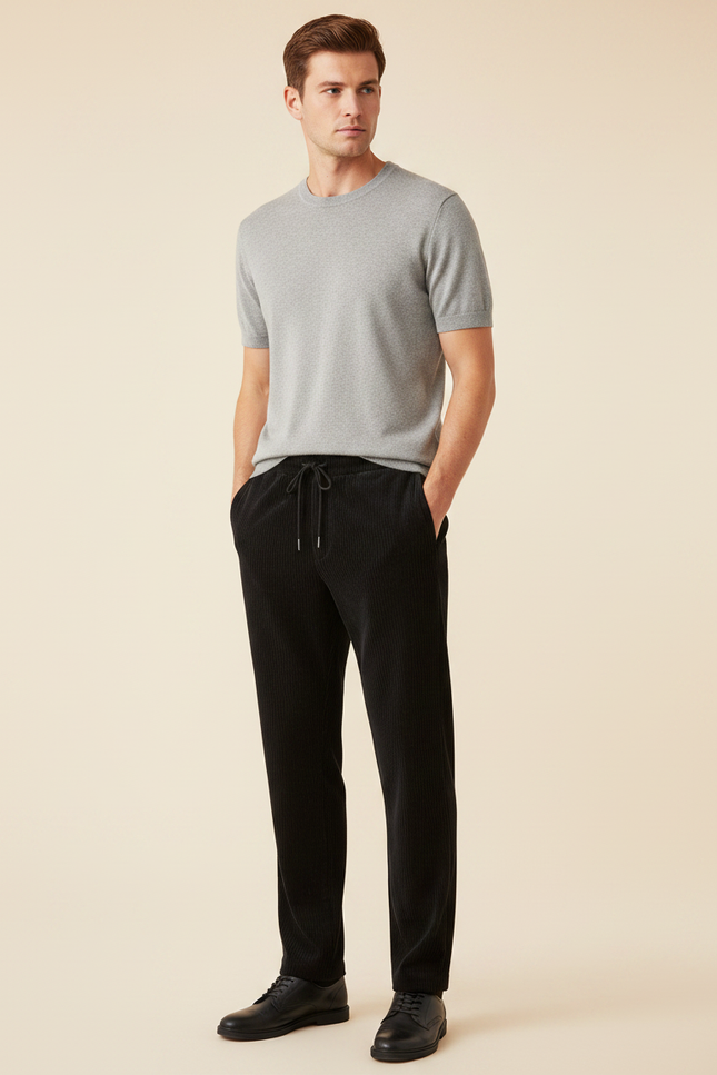 Pantalon Velours Noir Plissé Fluide Décontracté Homme - Cordé