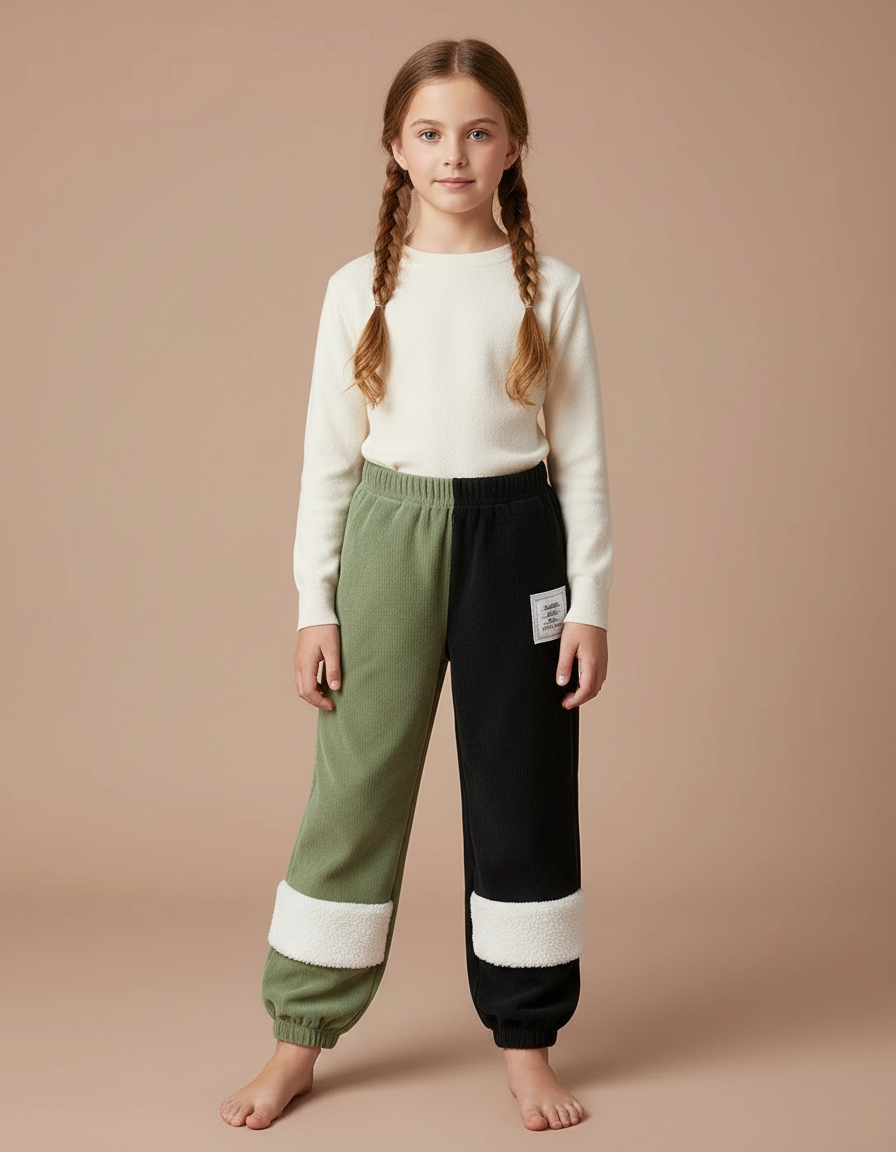 Pantalon Velours Bicolore Côtelé Sherpa Enfant Chaud Décontracté - Multicolore Cordé
