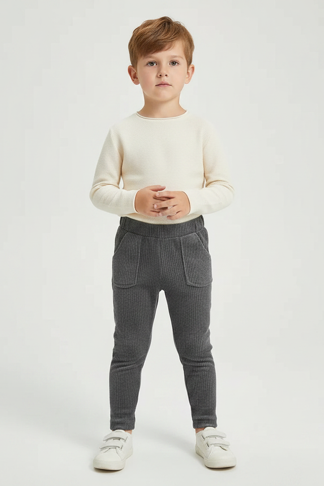 Pantalon Velours Côtelé Gris Enfant Doux Ajusté - Cordé