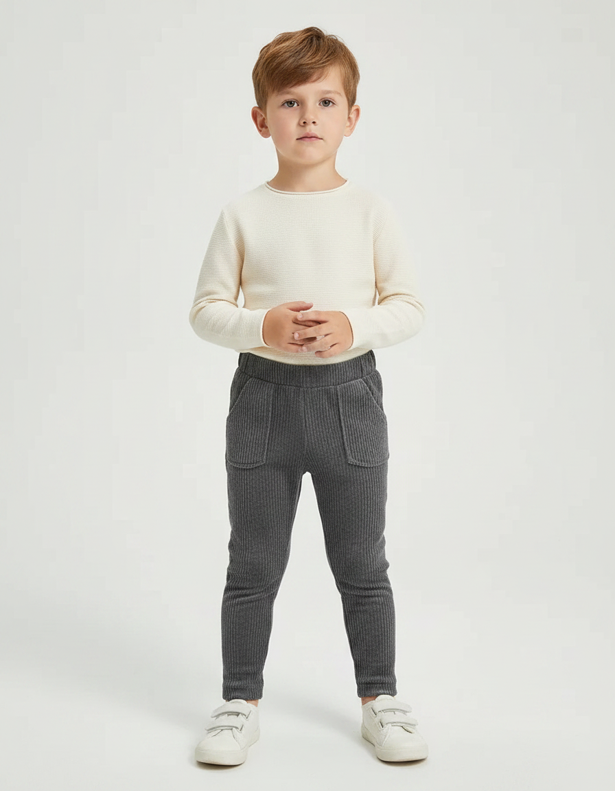 Pantalon Velours Côtelé Gris Enfant Doux Ajusté - Cordé