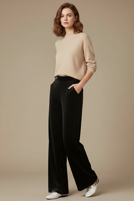 Pantalon Wide Leg Velours Femme - Noir