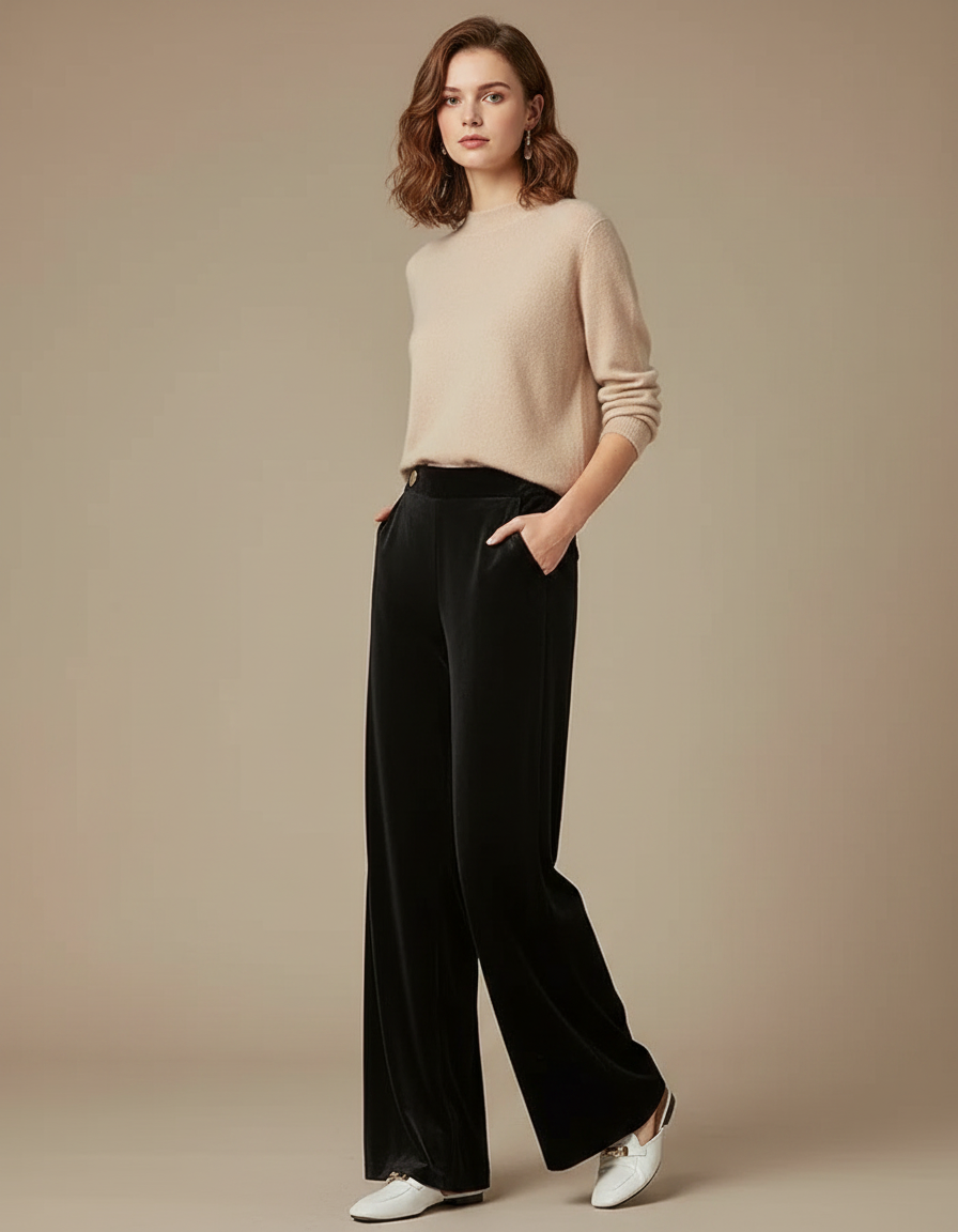 Pantalon Wide Leg Velours Femme - Noir