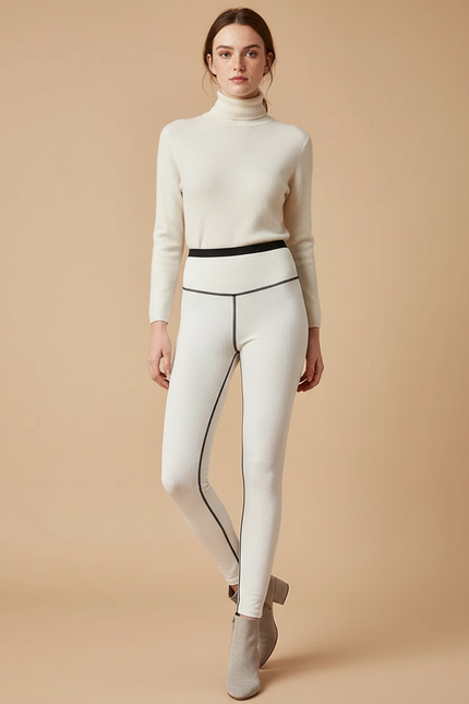 Pantalon Velours Blanc Doux Taille Haute Lignes Noires