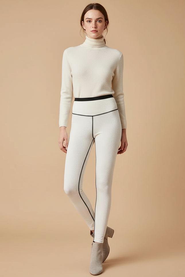 Pantalon Velours Blanc Doux Taille Haute Lignes Noires