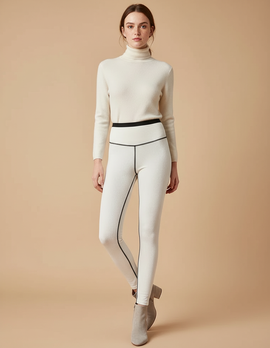 Pantalon Velours Blanc Doux Taille Haute Lignes Noires