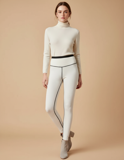 Pantalon Velours Blanc Doux Taille Haute Lignes Noires