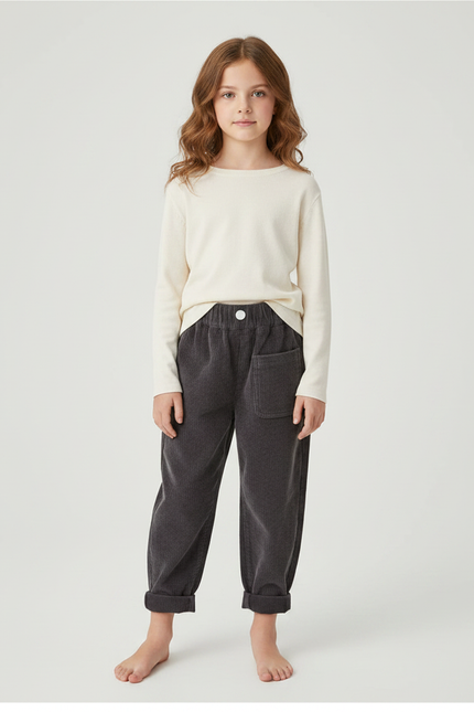 Pantalon Velours Côtelé Gris Ample Enfant Décontracté - Cordé