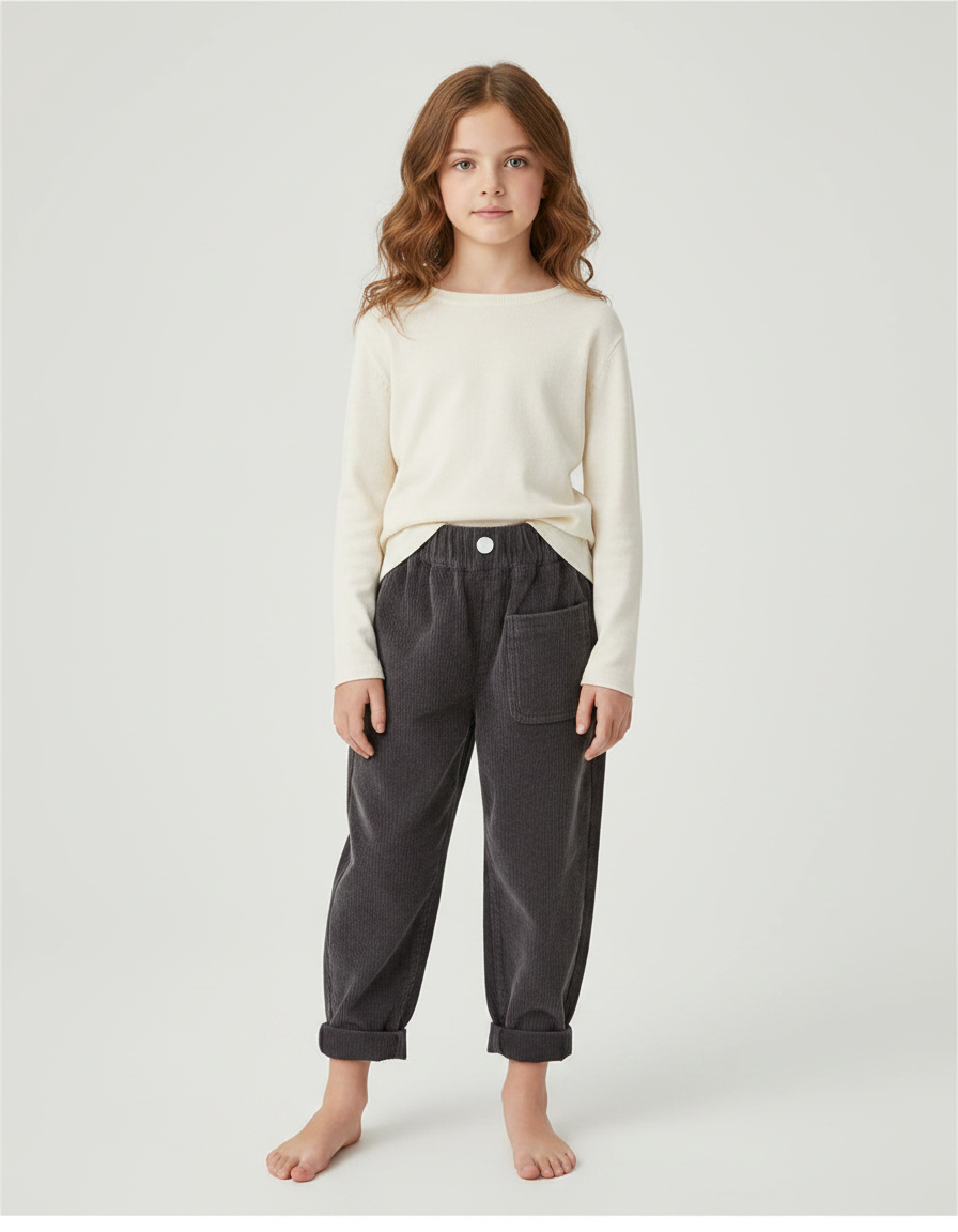 Pantalon Velours Côtelé Gris Ample Enfant Décontracté - Cordé