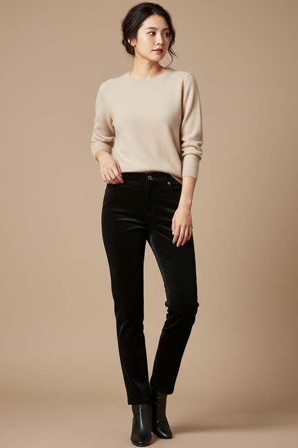 Pantalon Velours Noir Droit Élastique Femme - Cordé