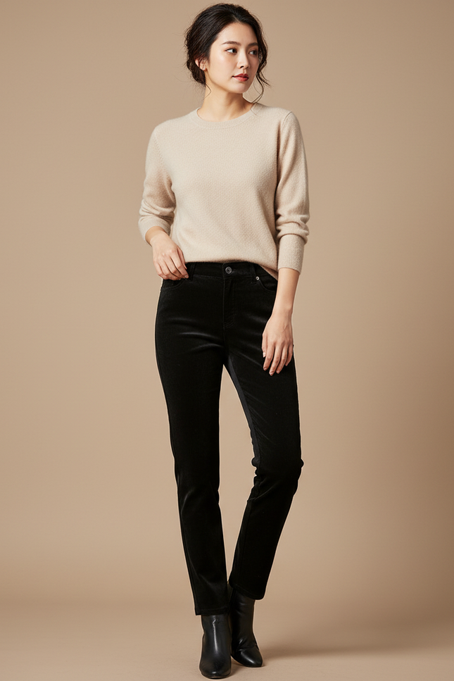 Pantalon Velours Noir Droit Élastique Femme - Cordé