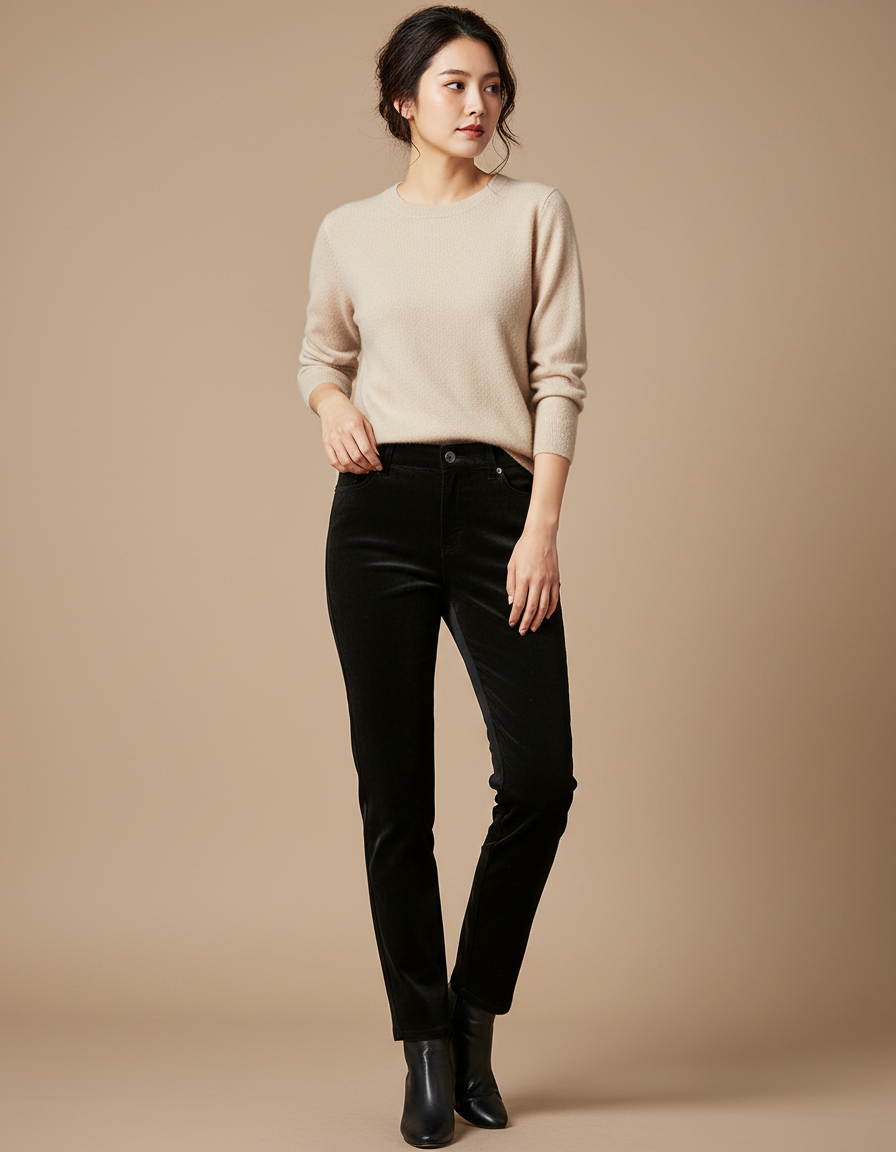 Pantalon Velours Noir Droit Élastique Femme - Cordé