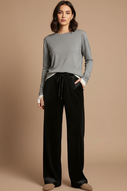Pantalon Velours Noir Large Fluide Décontracté