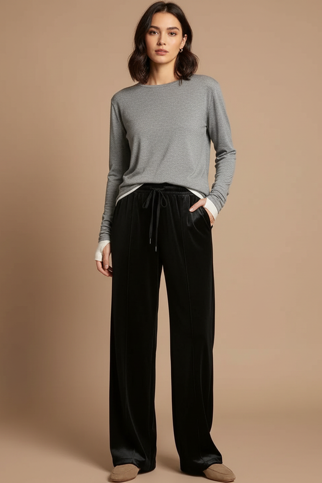 Pantalon Velours Noir Large Fluide Décontracté