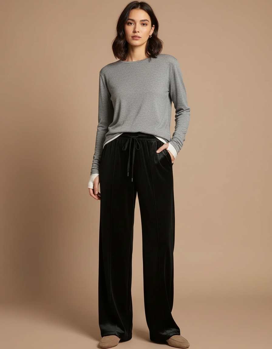 Pantalon Velours Noir Large Fluide Décontracté