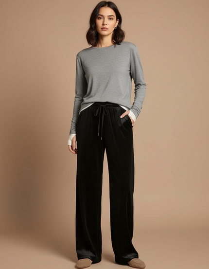 Pantalon Velours Noir Large Fluide Décontracté