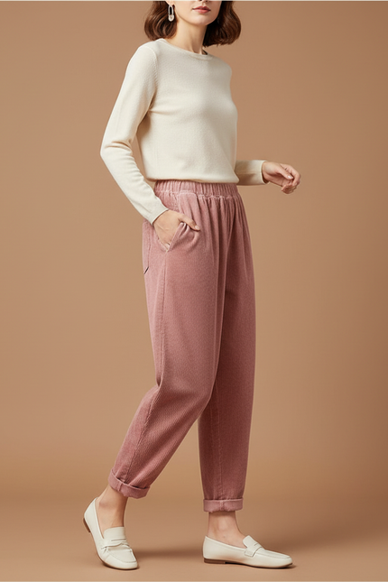 Pantalon Velours Rose Côtelé Ample Élastiqué Décontracté Femme - Cordé