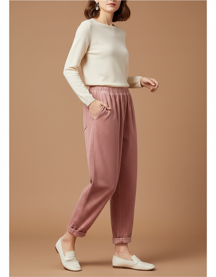 Pantalon Velours Rose Côtelé Ample Élastiqué Décontracté Femme - Cordé