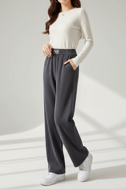 Pantalon Velours Gris Élastique Large Décontracté Femme