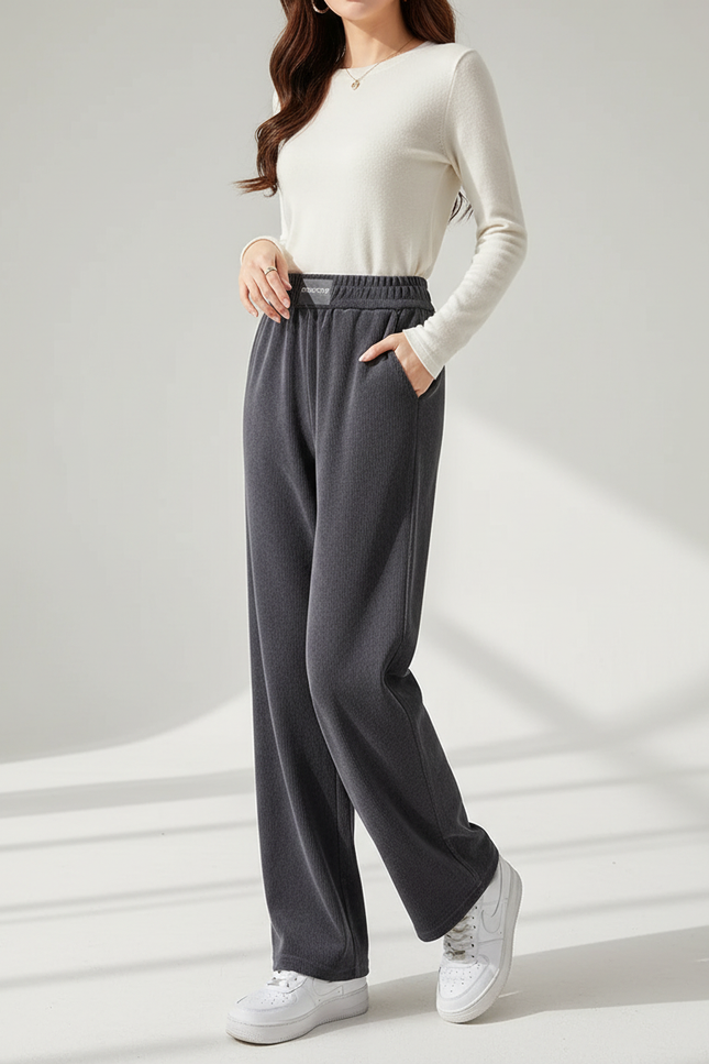 Pantalon Velours Gris Élastique Large Décontracté Femme