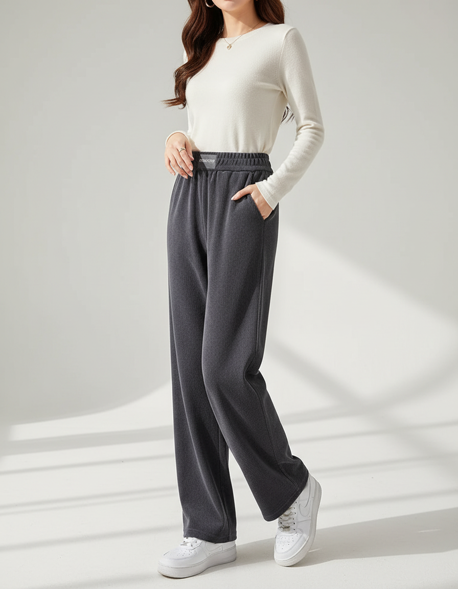 Pantalon Velours Gris Élastique Large Décontracté Femme
