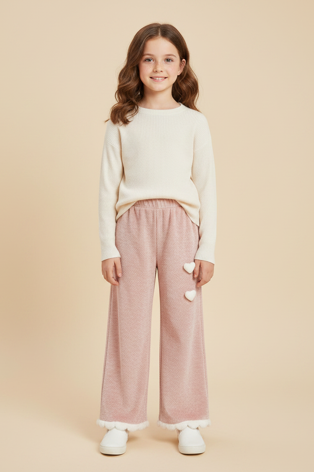 Pantalon Velours Rose Ample Cœurs Fille Hiver