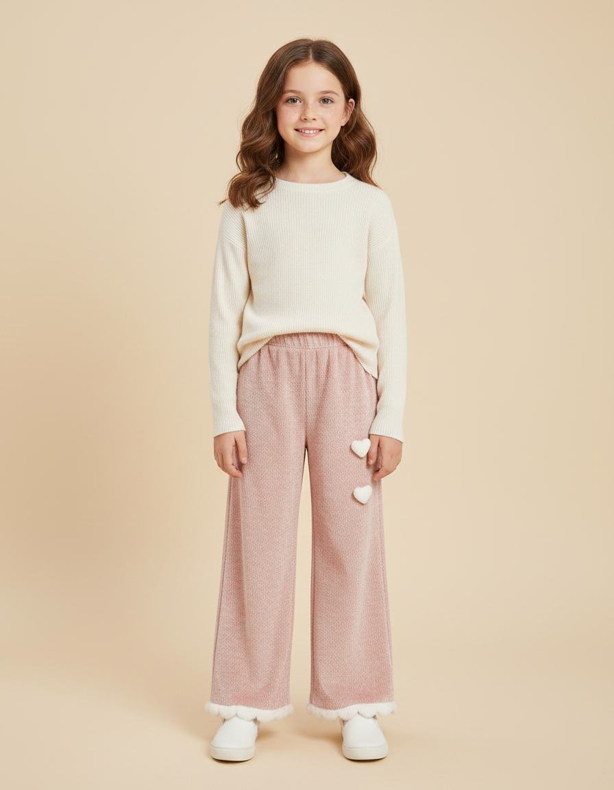 Pantalon Velours Rose Ample Cœurs Fille Hiver