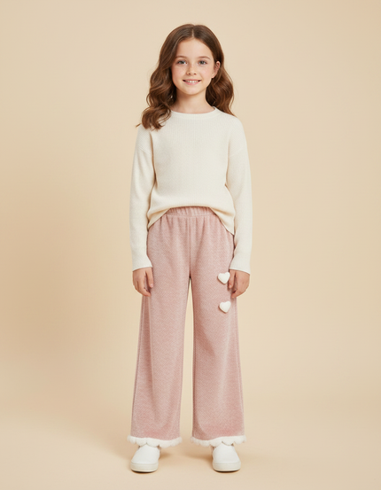 Pantalon Velours Rose Ample Cœurs Fille Hiver