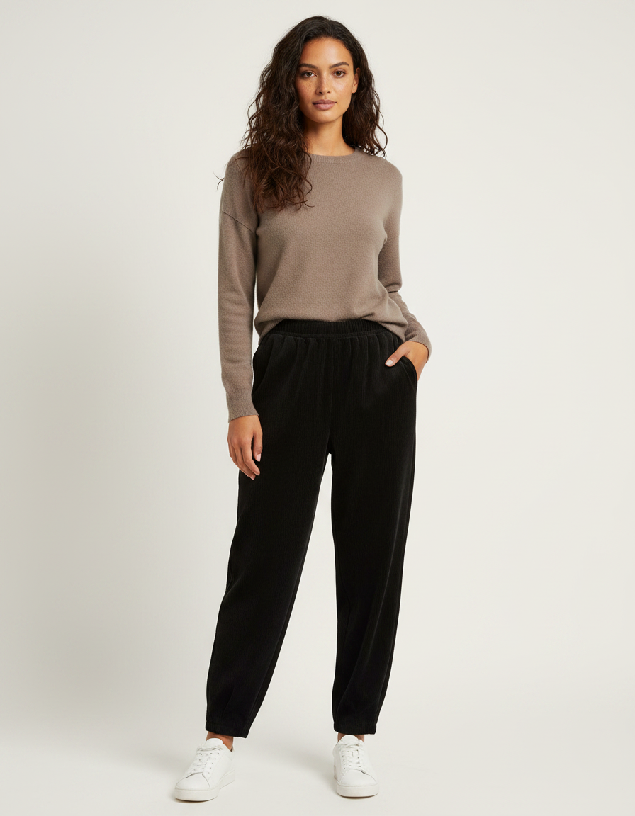 Pantalon Velours Côtelé Noir Ample Décontracté Femme - Cordé