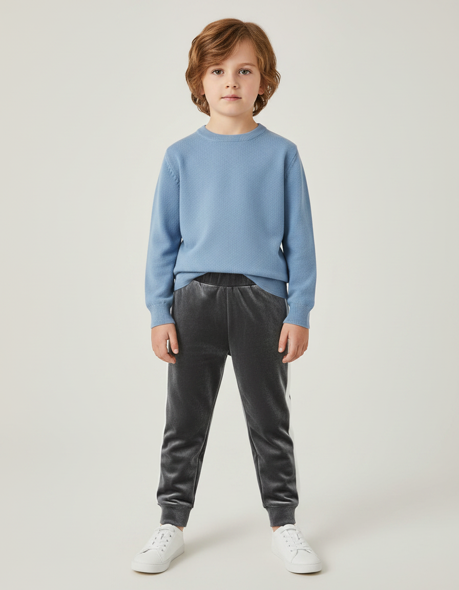 Pantalon Velours Gris Jogging Rayures Blanches Enfant