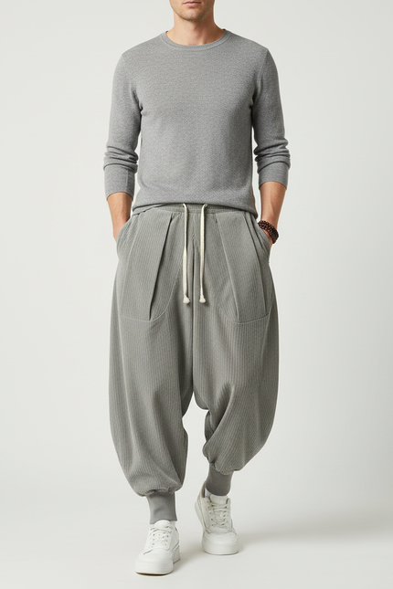 Pantalon Velours Côtelé Gris Ample Confortable Harem - Cordé