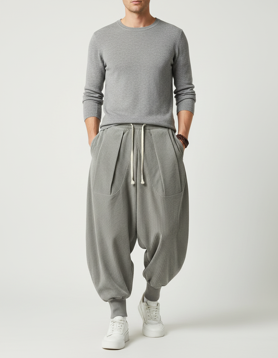 Pantalon Velours Côtelé Gris Ample Confortable Harem - Cordé