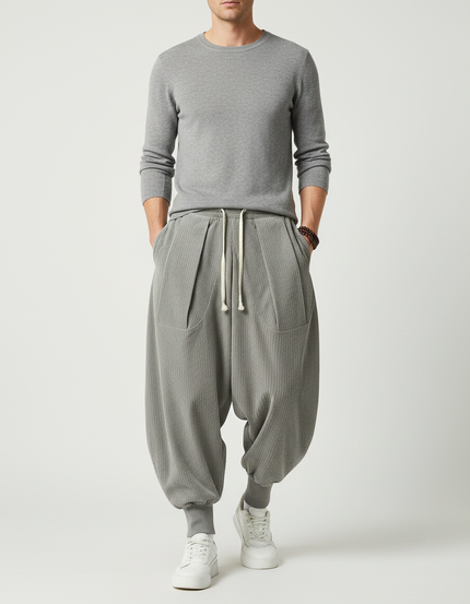 Pantalon Velours Côtelé Gris Ample Confortable Harem - Cordé