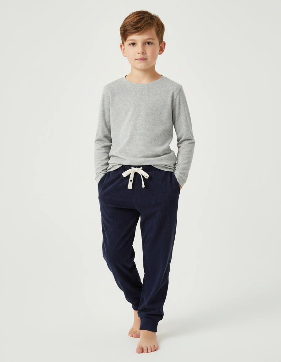 Pantalon Velours Bleu Marine Côtelé Ample Enfant Cordon - Cordé