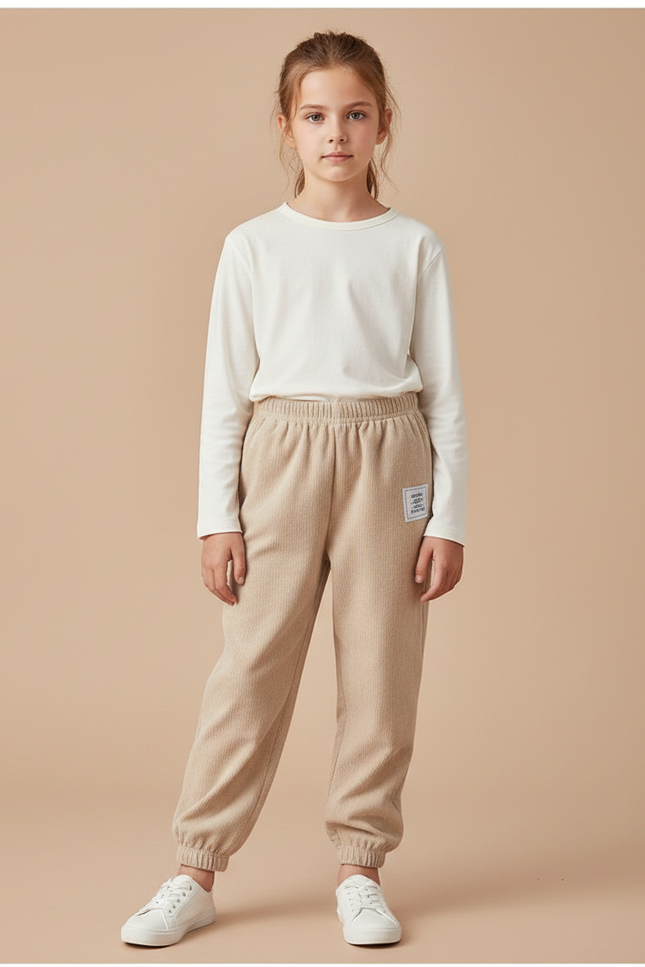 Pantalon Velours Côtelé Beige Ample Enfant Confortable - Cordé