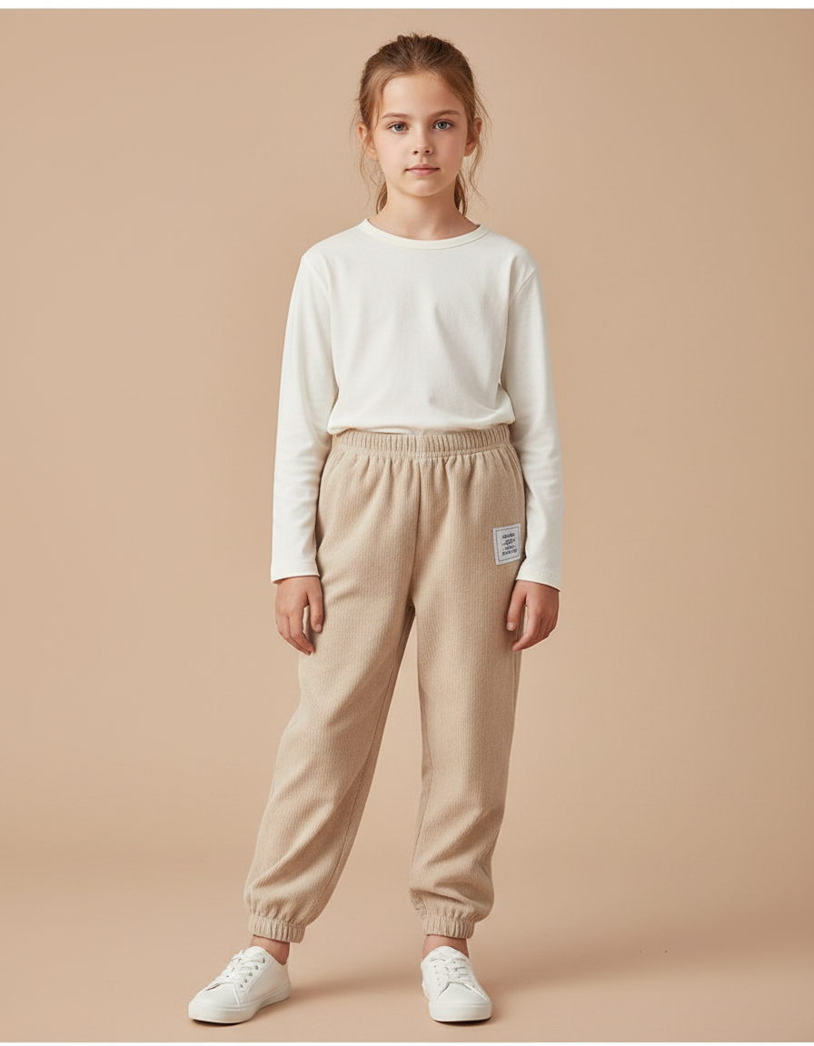 Pantalon Velours Côtelé Beige Ample Enfant Confortable - Cordé