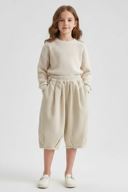 Pantalon Velours Beige Côtelé Ample Décontracté Enfant