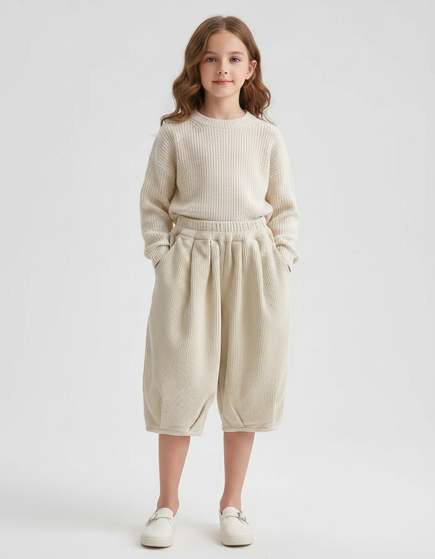 Pantalon Velours Beige Côtelé Ample Décontracté Enfant