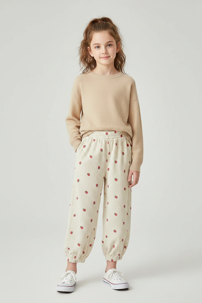 Pantalon Velours Écru Côtelé Ample Fraises Fille - Beige Cordé