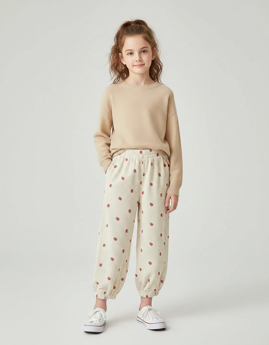 Pantalon Velours Écru Côtelé Ample Fraises Fille - Beige Cordé