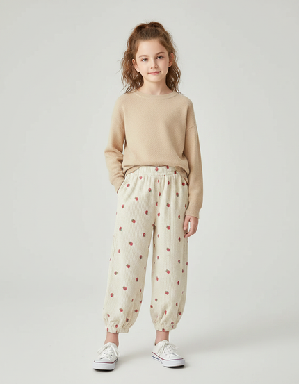 Pantalon Velours Écru Côtelé Ample Fraises Fille - Beige Cordé