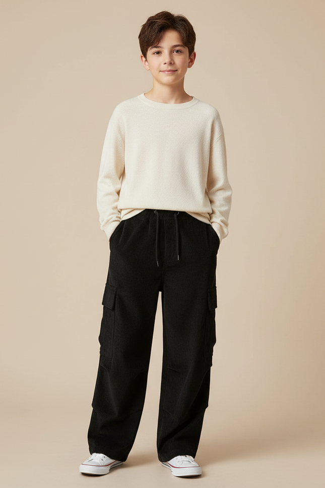 Pantalon Velours Noir Côtelé Cargo Ample Enfant - Cordé