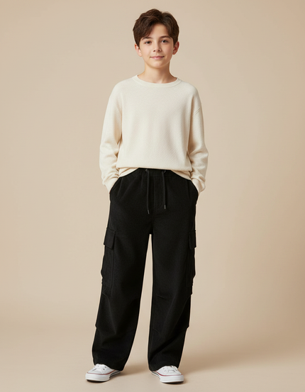 Pantalon Velours Noir Côtelé Cargo Ample Enfant - Cordé