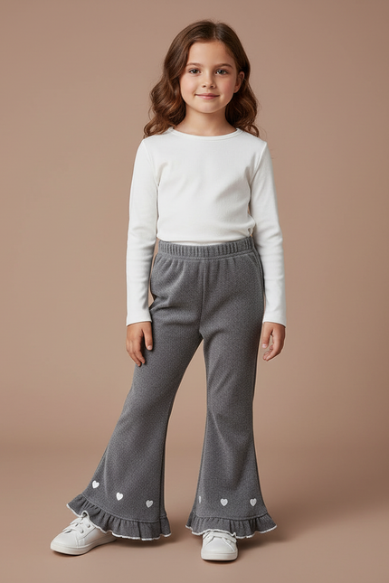 Pantalon Velours Gris Évasé Cœur Volants