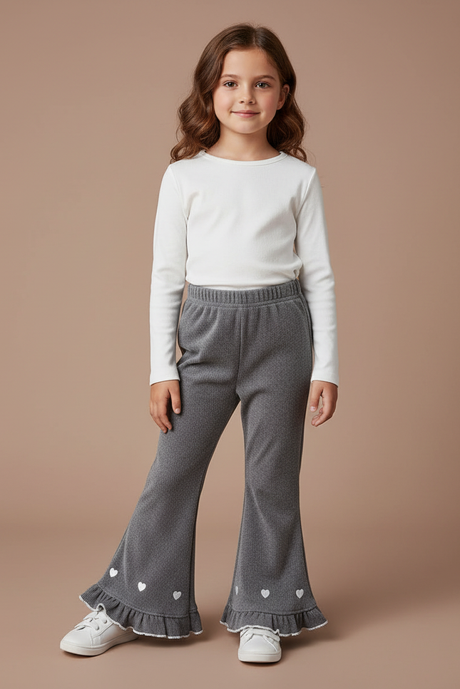 Pantalon Velours Gris Évasé Cœur Volants