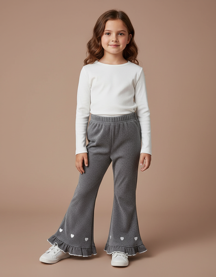 Pantalon Velours Gris Évasé Cœur Volants