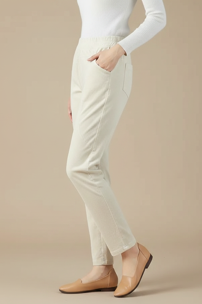 Pantalon Velours Beige Droit Taille Élastique Décontracté - Cordé