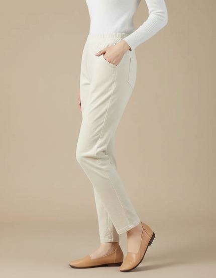 Pantalon Velours Beige Droit Taille Élastique Décontracté - Cordé