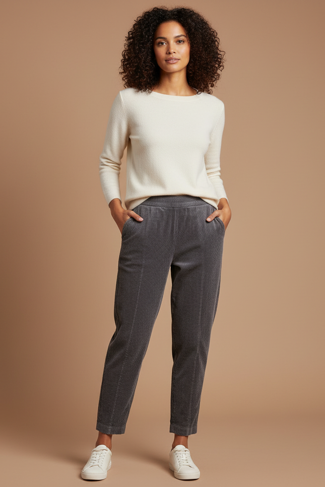 Pantalon Velours Côtelé Gris Taille Haute Décontracté Femme - Cordé